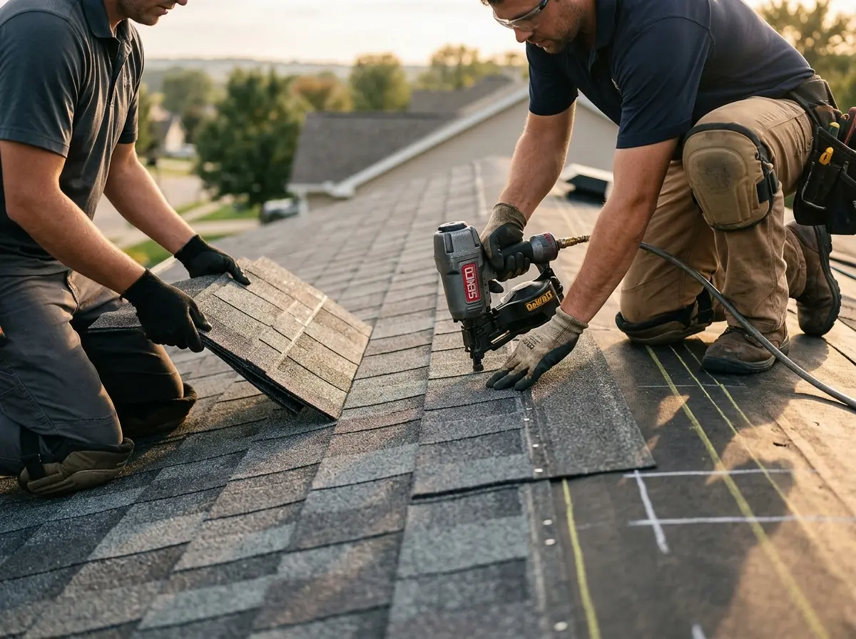 Professional roofer working on a residential roof in Windsor